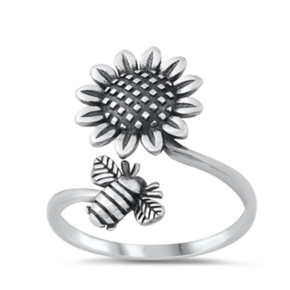 925 Sterling Silver Sunflower & Bumblebee Ring
